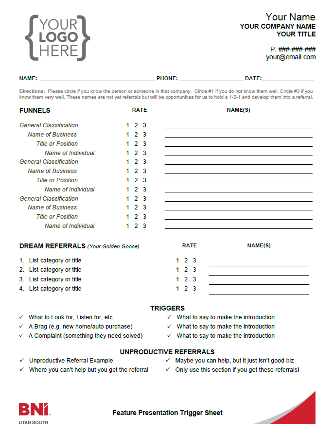 Trigger Sheet and Instructions for Effective BNI Presentations