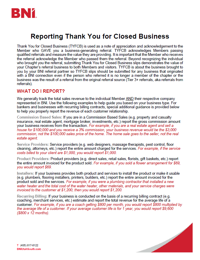 Guide for Reporting Thank You For Closed Business for Referrals Received